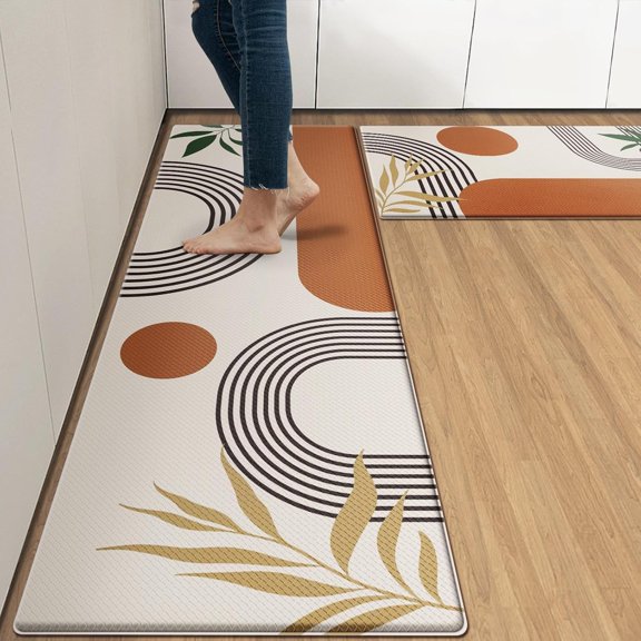 Kitchen Mats for Floor 2 PCS, Anti Fatigue Mat Set, Boho Cushioned Non Slip Waterproof Kitchen Rugs, Wipe Clean PVC Leather Runner for Sink, Laundry, Office, Kitchen Decor 17"x47"+17"x29", Brown