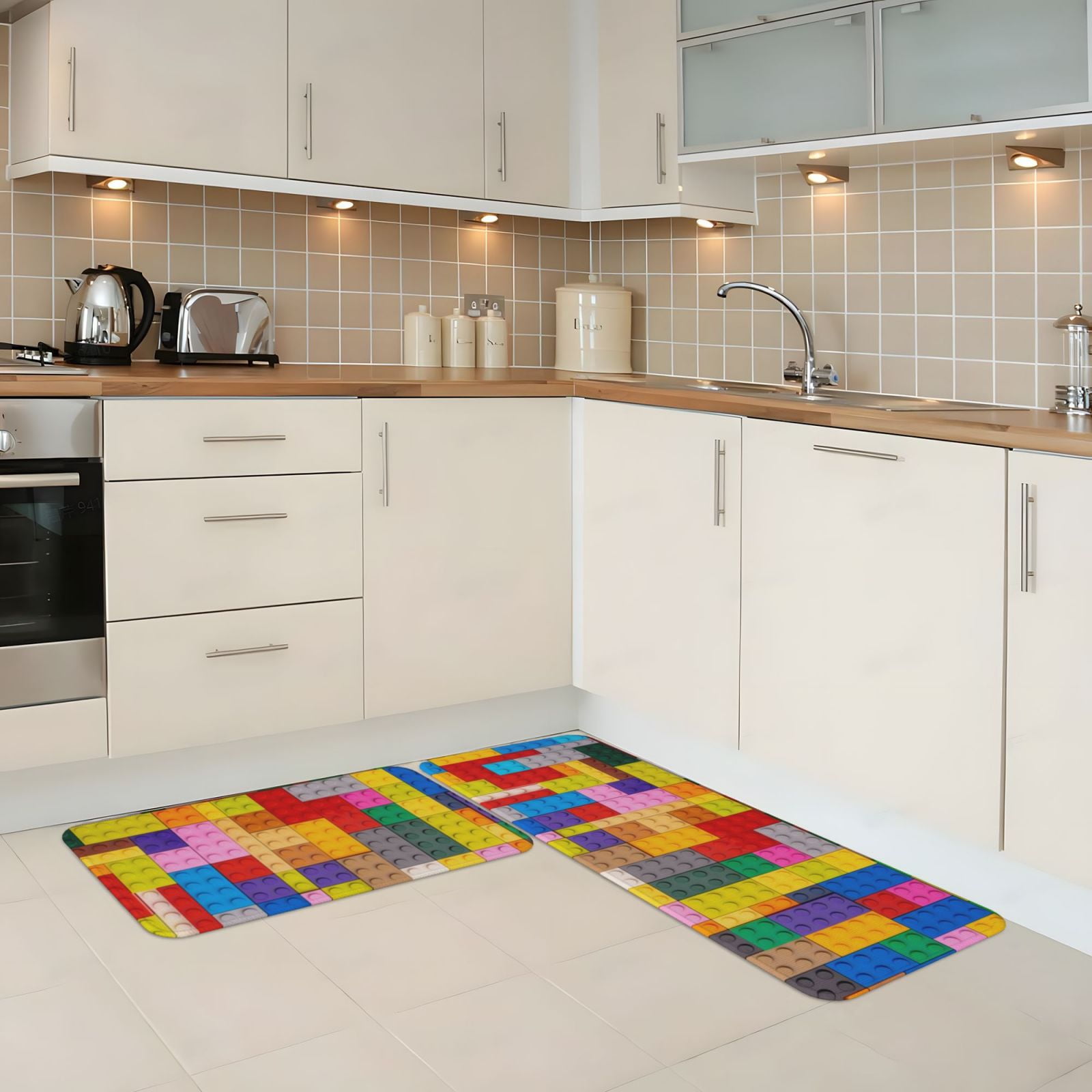 Kitchen Mats for Floor 2 Piece Colorful Plastic Blocks Pattern Anti