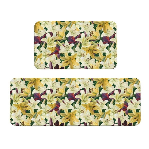 Kitchen Mats for Floor 2 Piece - Lilies Flowers Gorgeous Anti Fatigue Mats for Kitchen Floor, Kitchen Rugs Washable Non Slip for Bedroom Office Bathroom Home Kitchen Decor