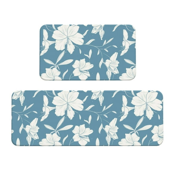 Kitchen Mats for Floor 2 Piece, Lilies Flowers Light Blue Anti Fatigue Mats for Kitchen Floor, Cute Kitchen Rugs Non Slip Washable for Bedroom Bathroom Office Home Kitchen Decor