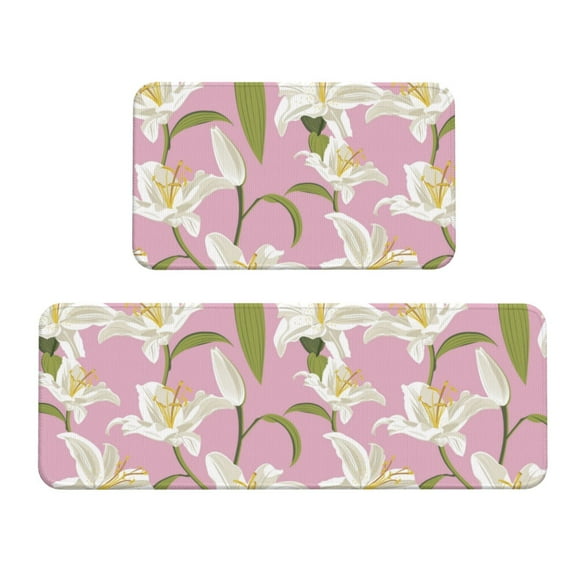 Kitchen Mats for Floor 2 Piece - Lilies Flowers Light Pink Anti Fatigue Mats for Kitchen Floor, Kitchen Rugs Washable Non Slip for Bedroom Office Bathroom Home Kitchen Decor