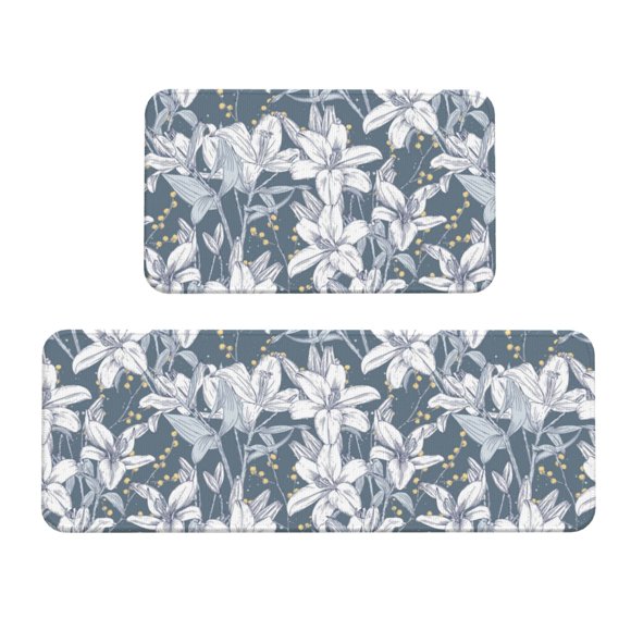 Kitchen Mats for Floor 2 Piece - Lilies Flowers Retro Anti Fatigue Mats for Kitchen Floor, Kitchen Rugs Washable Non Slip for Bedroom Office Bathroom Home Kitchen Decor