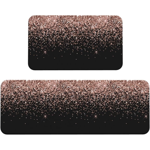 Kitchen Mats for Floor 2 Piece Set, Blush Pink Rose Gold Black Glitter Kitchen Rugs, Cushioned Kitchen Mat for Standing Washable Comfort Desk Kitchen Runners