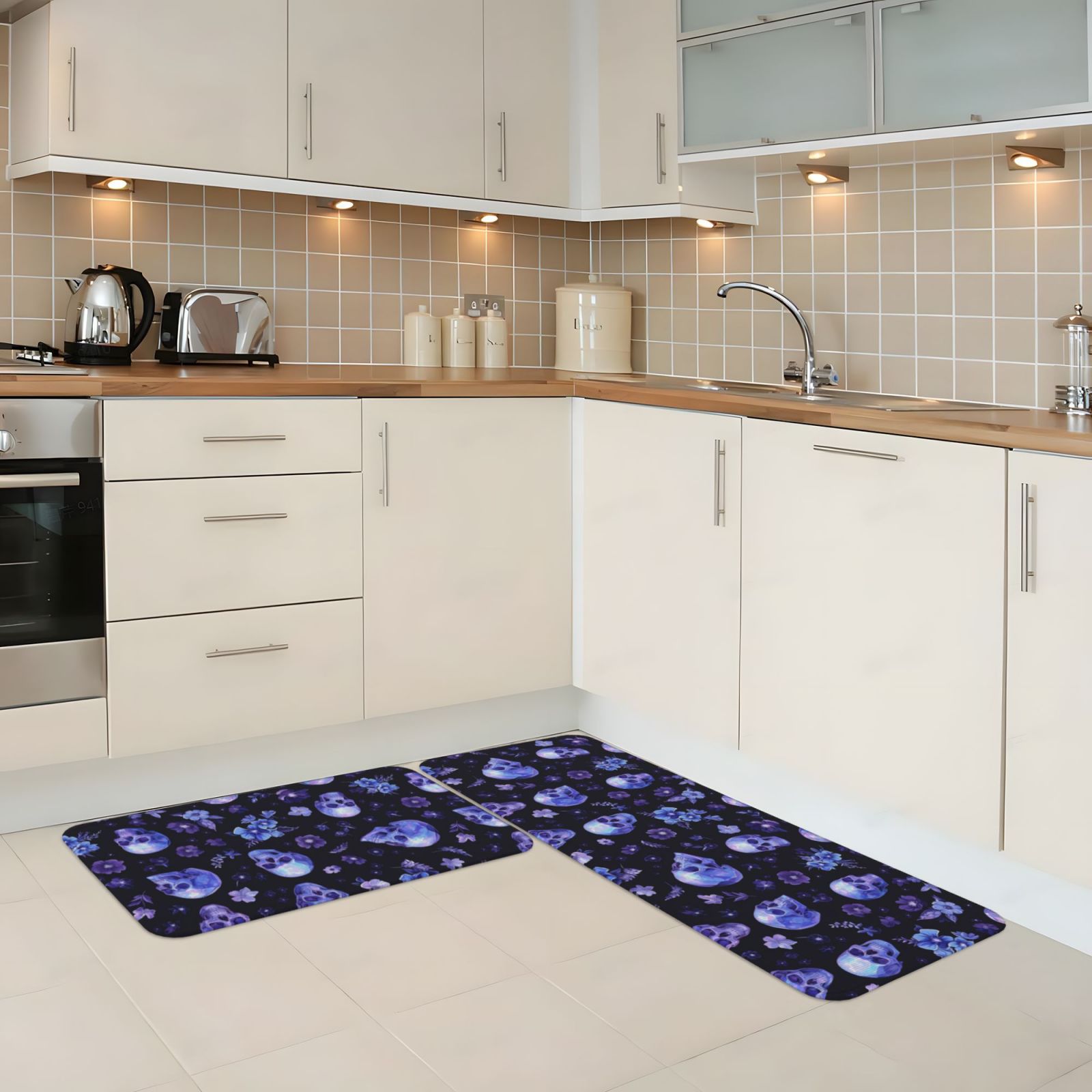 Kitchen Mats for Floor 2 Piece Skull Flower Leaf Purple Non Slip Anti