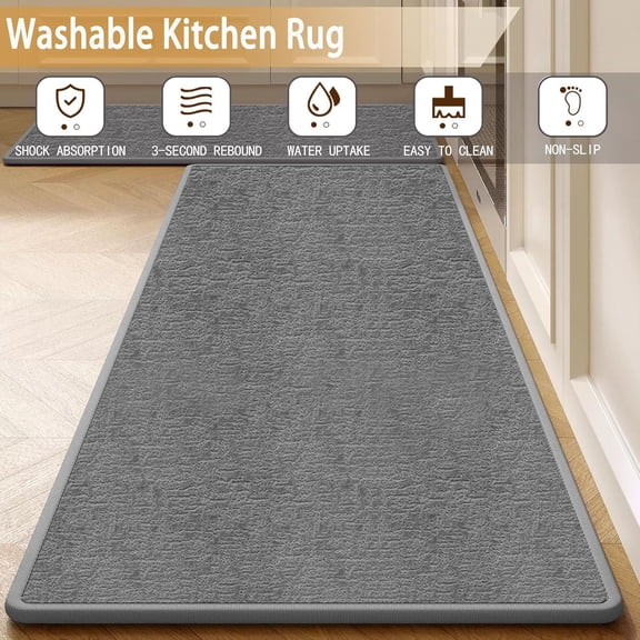 Kitchen Mats for Floor 2 Piece Washable Rugs Non Slip Kitchen Rug Sets, Absorbent Corner L Shaped Rug Runner Non Slip Kitchen Mat Set for Shower, Bathroom, Indoor Door (Grey Rug, 31“×20“+59“×20“)
