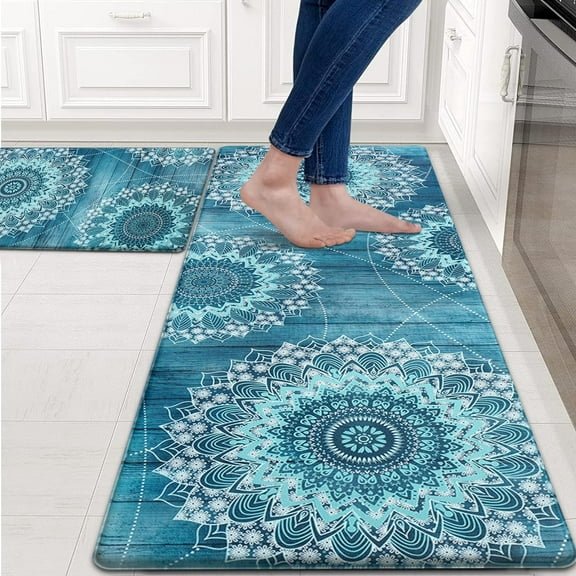 Kitchen Mats for Floor 2 Piece, Waterproof Kitchen Rugs Non Slip, Memory Foam Cushioned, Kitchen Rugs and Mats Comfort Mats, Floral Kitchen Rugs Set, Teal Kitchen Rugs 17.3"×30"+17.3"×47"