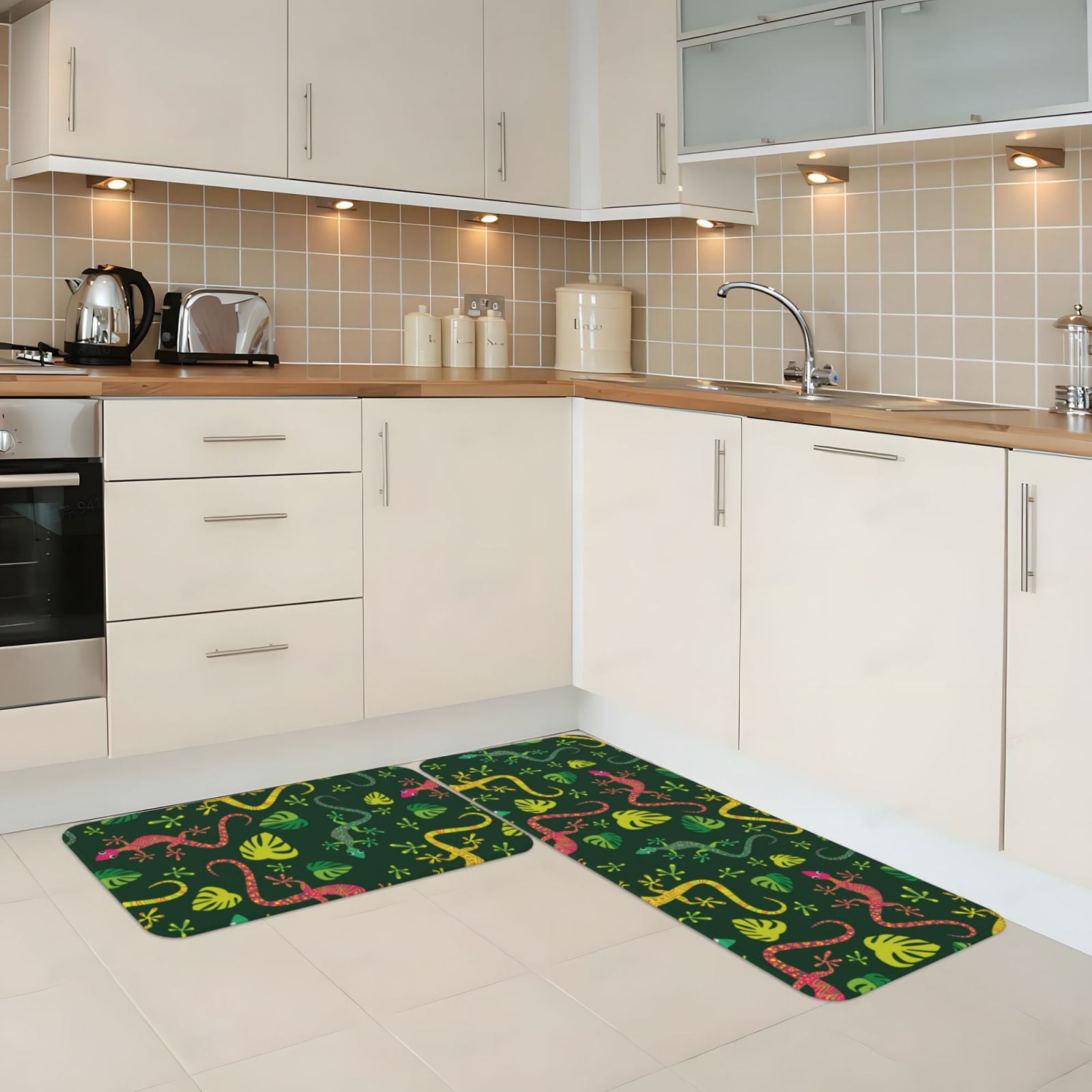 Kitchen Mats for Floor 2 Piece, Yellow Pink Cute Lizard Mats for