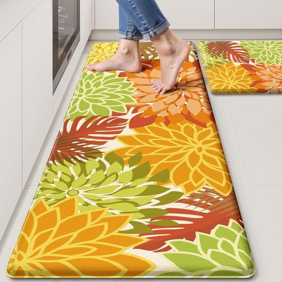 Kitchen Mats for Floor 2PCS Cushioned Anti Fatigue Kitchen Mats Waterproof Non Slip Kitchen Mat Rug Set Comfort Foam Standing Mat for Sink, Laundry, Office,17.3" x 29" + 17.3" x 47", Yellow Orange