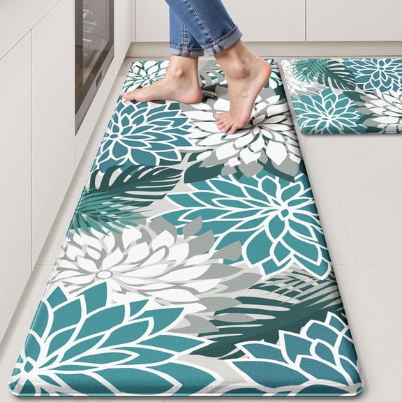 Kitchen Mats for Floor 2PCS Cushioned Anti Fatigue Kitchen Mats Waterproof Non Slip Kitchen Mat Rug Set Comfort Foam Standing Mat for Sink, Laundry, Office,17.3" x 29" + 17.3" x 47", Teal