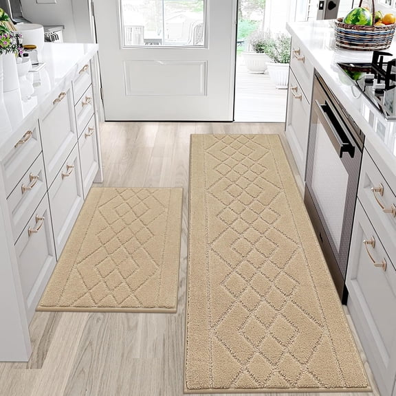 Kitchen Mats for Floor 2PCS, Kitchen Rugs Non-Slip Washable, Kitchen Runner Rug Absorbent and Stain Resistant, Floor Mat for Kitchen, Laundry & Sink, 20"x30"+20"x48", Beige