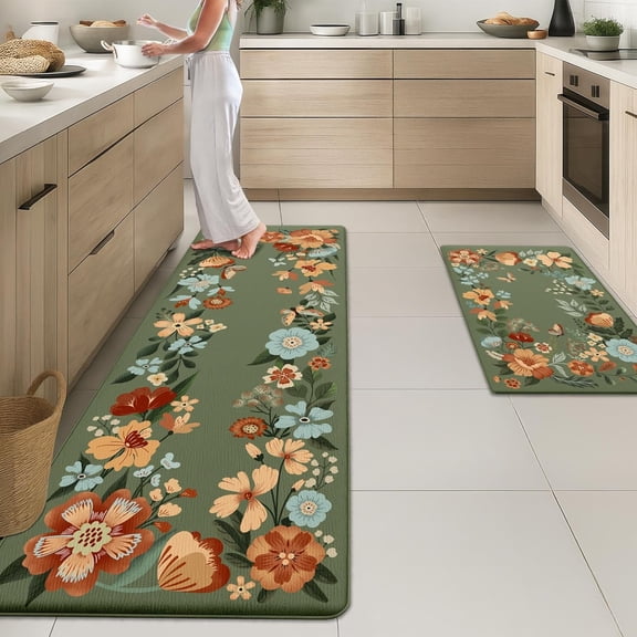 Kitchen Mats for Floor 2Pcs-Anti Fatigue Non Slip Mats for Kitchen Floor, Cushioned Waterproof & Stain-Resistant Green Plants Floral Mat Set, Laundry Room, Office, Sink, Desk (Dark Green)