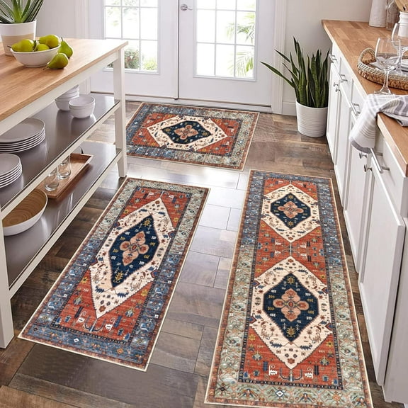 Kitchen Mats for Floor 3 Piece Set Boho Non Slip Kitchen Rugs Washable Farmhouse Kitchen Floor Mats Thick Long Kitchen Throw Area Rug Carpet Runner for Hallway Entryway Laundry Bathroom, Rust