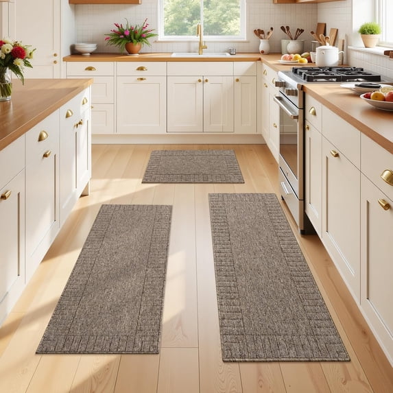 Kitchen Mats for Floor 3 Piece Set Non Slip Kitchen Rugs Washable Farmhouse Kitchen Floor Mats Thick Long Area Rug Carpet Runner for Hallway Entryway Laundry Bathroom, Brown