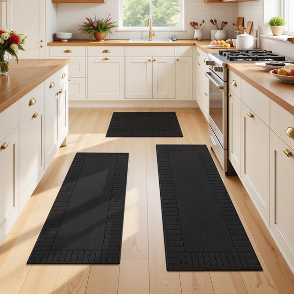 Kitchen Mats for Floor 3 Piece Set Non Slip Kitchen Rugs Washable Farmhouse Kitchen Floor Mats Thick Long Area Rug Carpet Runner for Hallway Entryway Laundry Bathroom, Black