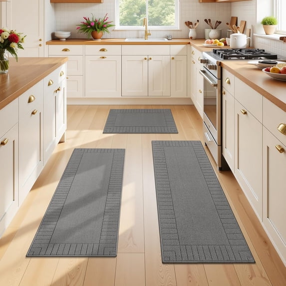 Kitchen Mats for Floor 3 Piece Set Non Slip Kitchen Rugs Washable Farmhouse Kitchen Floor Mats Thick Long Area Rug Carpet Runner for Hallway Entryway Laundry Bathroom, Grey