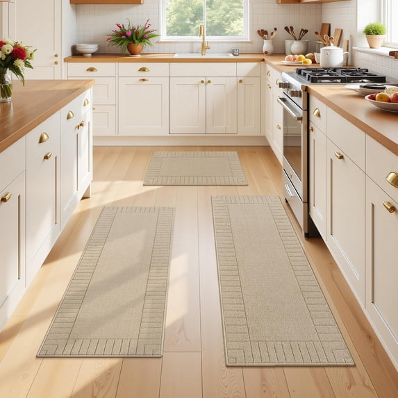 Kitchen Mats for Floor 3 Piece Set Non Slip Kitchen Rugs Washable Farmhouse Kitchen Floor Mats Thick Long Area Rug Carpet Runner for Hallway Entryway Laundry Bathroom, Beige