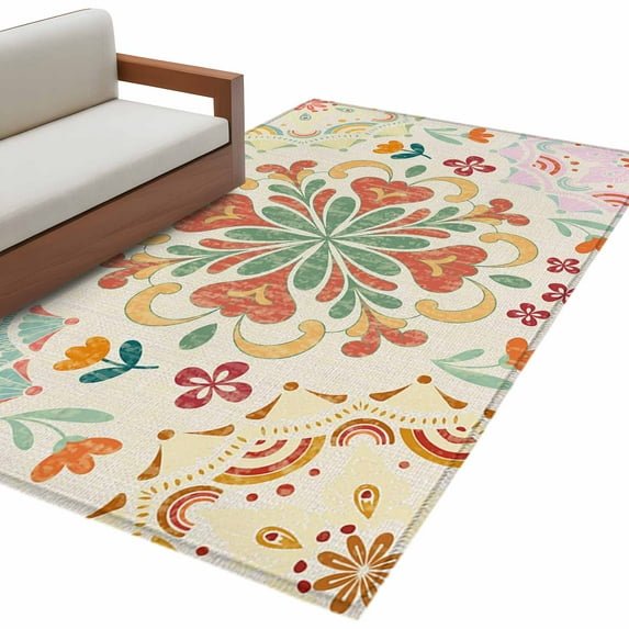 Kitchen Mats for Floor 3x5 Ft, Beige Boho Non Slip Area Rugs for Kitchen Bedroom Entryway, Retro Ethnic Shabby Colorful Floral Patterned Washable Carpet Runner Rug Floor Mats for Bedroom Home Decor