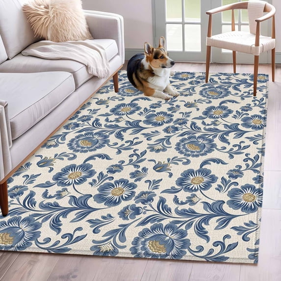Kitchen Mats for Floor 3x5 Ft, Blue Flowers Non Slip Area Rugs for Kitchen Bedroom Entryway, Spring Floral Elegant Pastoral Rustic Washable Carpet Runner Rug Floor Mats for Bedroom Home Decor