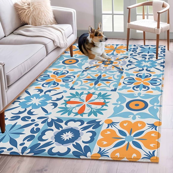 Kitchen Mats for Floor 3x5 Ft, Blue Mediterranean Non Slip Area Rugs for Kitchen Bedroom Entryway, Vintage Moroccan Tiles Texture Washable Carpet Runner Rug Floor Mats for Bedroom Home Decor