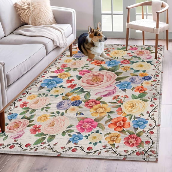 Kitchen Mats for Floor 3x5 Ft, Boho Pink Flowers Non Slip Area Rugs for Kitchen Bedroom Entryway, Colorful Floral Spring Vintage Botanical Washable Carpet Runner Rug Floor Mats for Bedroom