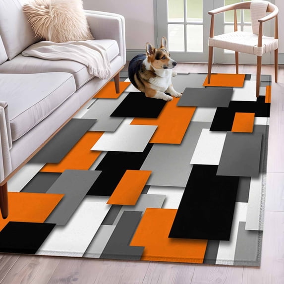 Kitchen Mats for Floor 3x5 Ft, Burnt Orange Black Geometric Non Slip Area Rugs for Kitchen Bedroom Entryway, Modern Abstract Art Block Washable Carpet Runner Rug Floor Mats for Bedroom Home Decor