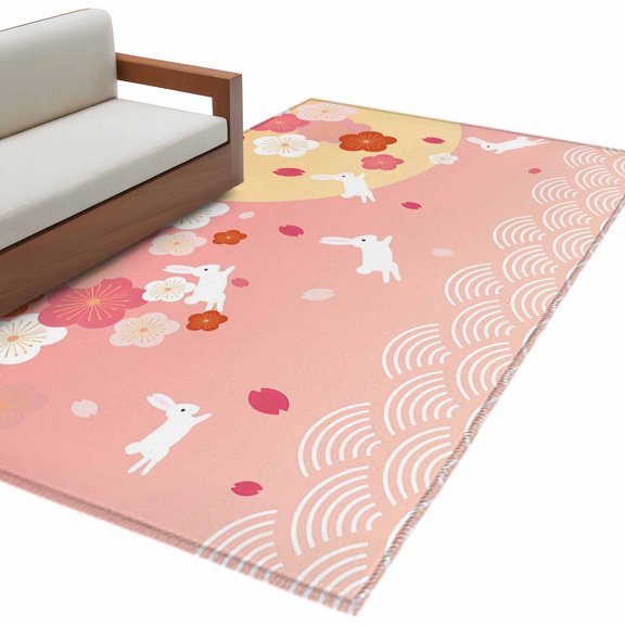 Kitchen Mats for Floor 3x5 Ft, Cherry Blossom Non Slip Area Rugs for Kitchen Bedroom Entryway, Japanese Style Rabbit Cute Wave Pink Washable Carpet Runner Rug Floor Mats for Bedroom Home Decor