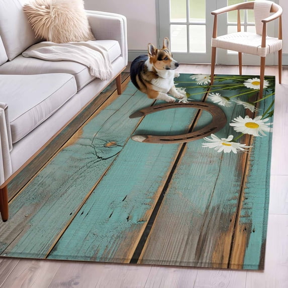 Kitchen Mats for Floor 3x5 Ft, Daisy Flower Non Slip Area Rugs for Kitchen Bedroom Entryway, Vintage Horseshoes Farmhouse Wooden Grain Teal Washable Carpet Runner Rug Floor Mats for Bedroom