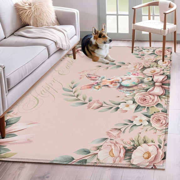 Kitchen Mats for Floor 3x5 Ft, Easter Bunny Non Slip Area Rugs for Kitchen Bedroom Entryway, Cute Pink Rabbit Rose Flowers Pastoral Botanical Washable Carpet Runner Rug Floor Mats for Bedroom