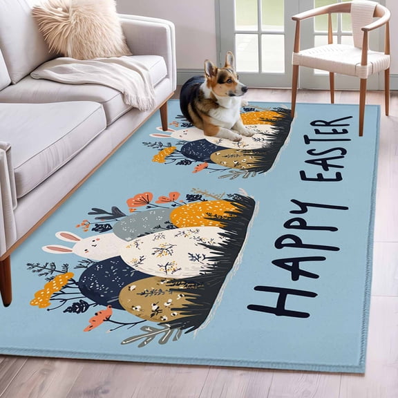Kitchen Mats for Floor 3x5 Ft, Easter Eggs Non Slip Area Rugs for Kitchen Bedroom Entryway, Rabbit Spring Botanical Wildflowers Bunny Blue Washable Carpet Runner Rug Floor Mats for Bedroom