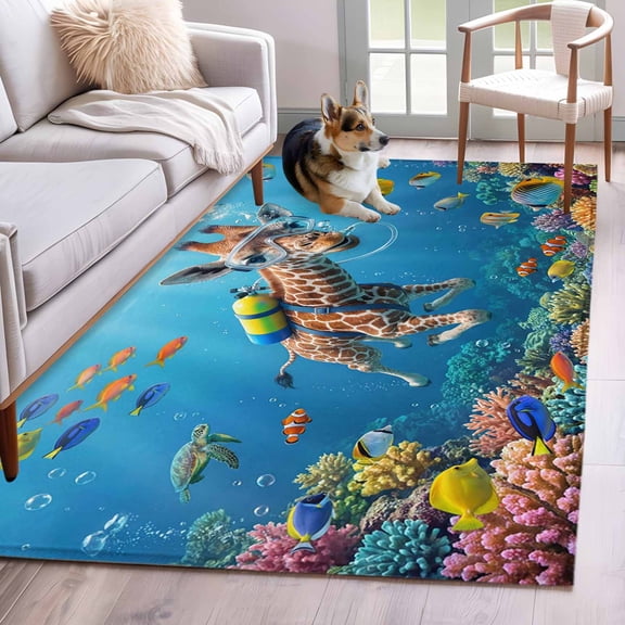 Kitchen Mats for Floor 3x5 Ft, Funny Diving Giraffe Non Slip Area Rugs for Kitchen Bedroom Entryway, Ocean Coastal Coral Fish Marine Life Washable Carpet Runner Rug Floor Mats for Bedroom Home Decor