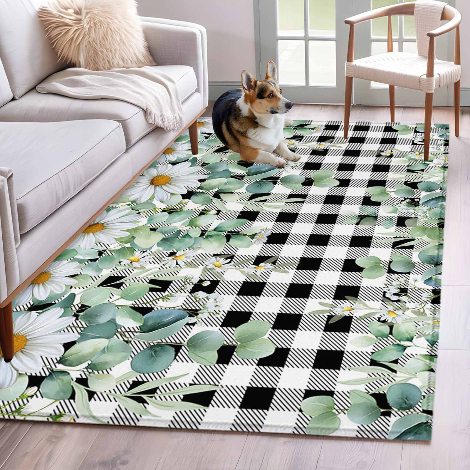 Kitchen Mats for Floor 3x5 Ft, Green Eucalyptus Leaves Non Slip Area Rugs for Kitchen Bedroom Entryway, Daisy Floral Washable Carpet Runner Rug Floor Mats for Bedroom Summer Botanical Plaid