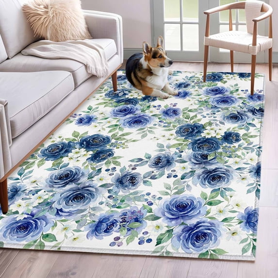 Kitchen Mats for Floor 3x5 Ft, Navy Blue Roses Non Slip Area Rugs for Kitchen Bedroom Entryway, Spring Floral Elegant Pastoral Botanical Washable Carpet Runner Rug Floor Mats for Bedroom Home Decor