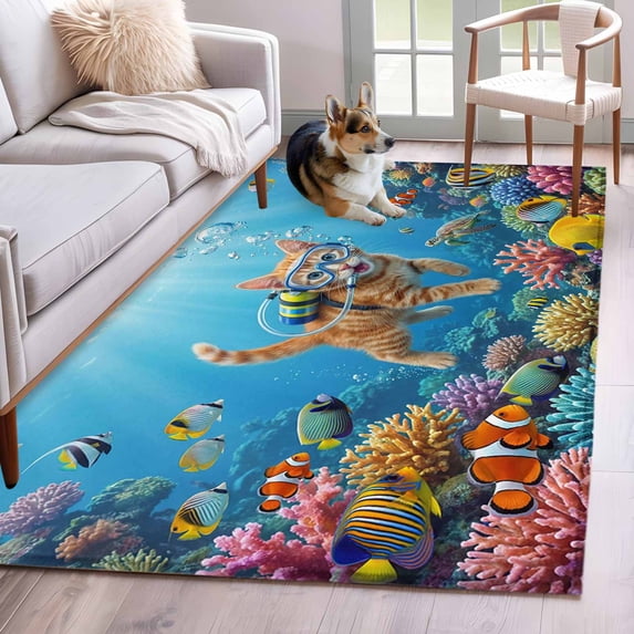 Kitchen Mats for Floor 3x5 Ft, Ocean Diving Cat Non Slip Area Rugs for Kitchen Bedroom Entryway, Coastal Coral Fish Marine Life Washable Carpet Runner Rug Floor Mats for Bedroom Home Decor