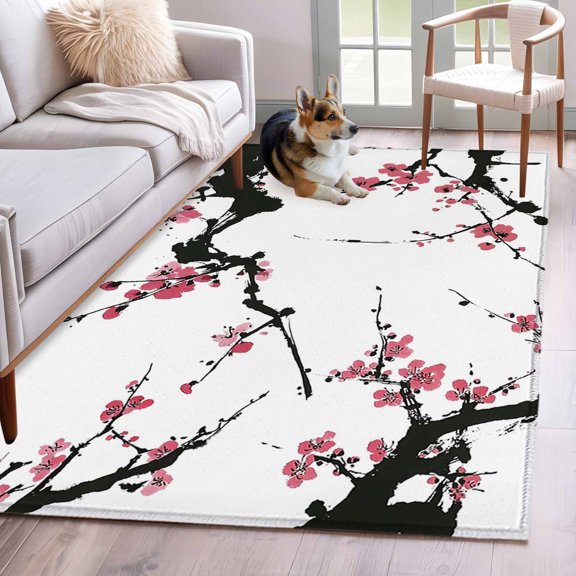 Kitchen Mats for Floor 3x5 Ft, Pink Plum Blossom Non Slip Area Rugs for Kitchen Bedroom Entryway, Farmhouse Botanical Spring Floral Washable Carpet Runner Rug Floor Mats for Bedroom Home Decor