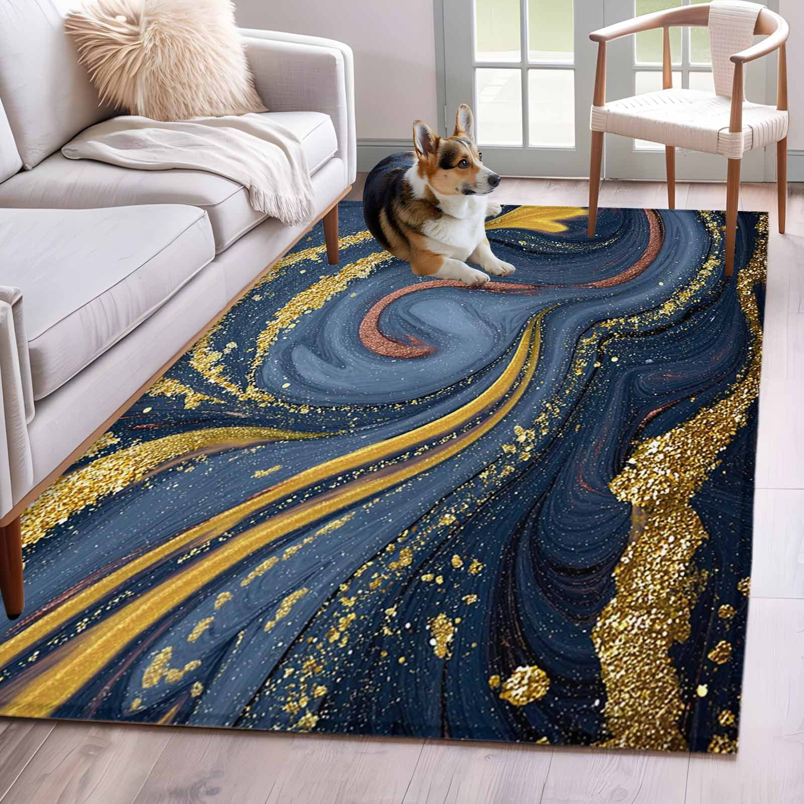 Kitchen Mats for Floor 3x5 Ft, Purple Blue Golden Marble Non Slip Area ...