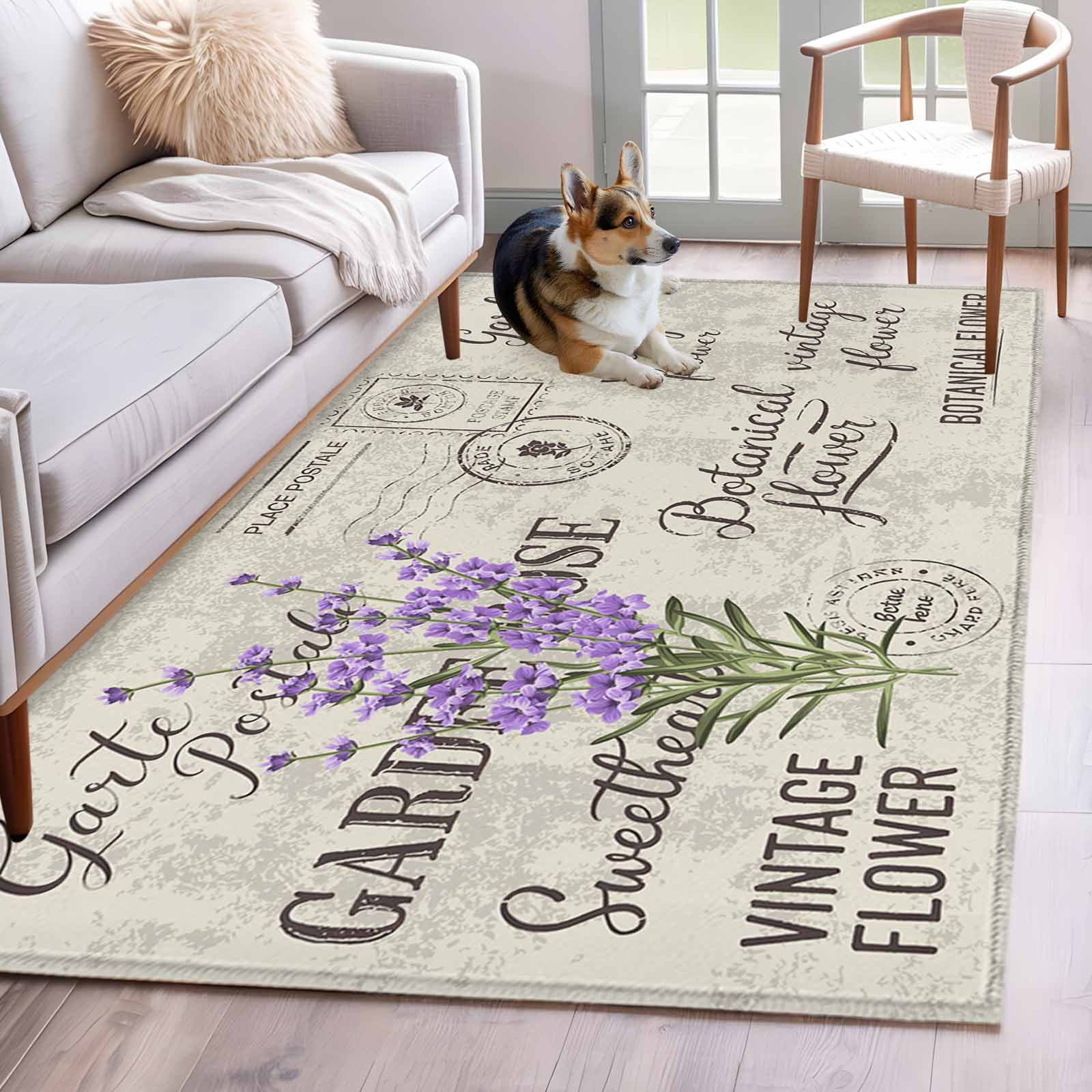 Kitchen Mats for Floor 3x5 Ft, Purple Lavenders Eater Non Slip Area Rugs for Kitchen Bedroom Entryway, Vintage Floral Retro Art Washable Carpet Runner Rug Floor Mats for Bedroom Home Decor