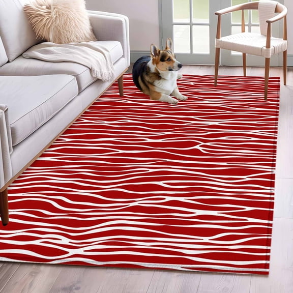 Kitchen Mats for Floor 3x5 Ft, Red Striped Non Slip Area Rugs for Kitchen Bedroom Entryway, Classic Minimalist Waves Lines Pattern Washable Carpet Runner Rug Floor Mats for Bedroom Home Decor