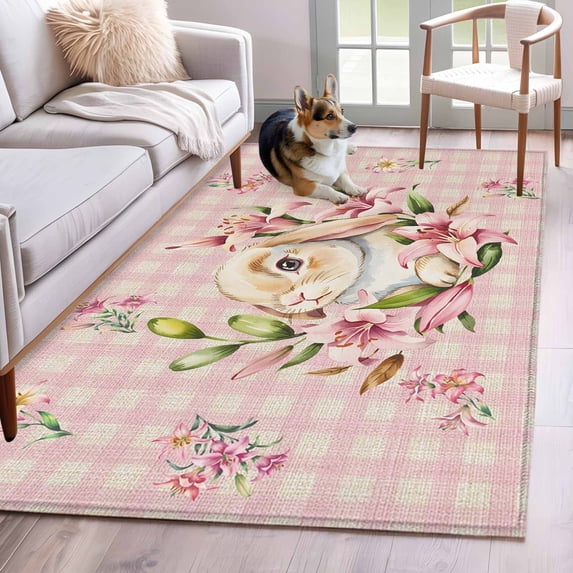 Kitchen Mats for Floor 3x5 Ft, Spring Easter Bunny Non Slip Area Rugs for Kitchen Bedroom Entryway, Pink Buffalo Plaid Farmhouse Tulips Washable Carpet Runner Rug Floor Mats for Bedroom Home Decor
