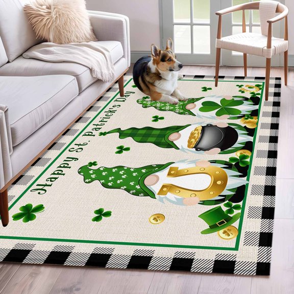 Kitchen Mats for Floor 3x5 Ft, St. Patrick's Day Non Slip Area Rugs for Kitchen Bedroom Entryway, Gnomes Shamrock Gold Coin Plaid Beige Washable Carpet Runner Rug Floor Mats for Bedroom Home Decor
