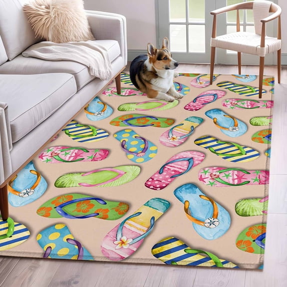 Kitchen Mats for Floor 3x5 Ft, Summer Slippers Non Slip Area Rugs for Kitchen Bedroom Entryway, Watercolor Flip Flops Ocean Beach Light Brown Washable Carpet Runner Rug Floor Mats for Bedroom