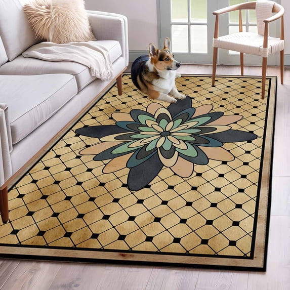 Kitchen Mats for Floor 3x5 Ft, Vintage Geometric Non Slip Area Rugs for Kitchen Bedroom Entryway, Green Brown Abstract Plaid Checkered Washable Carpet Runner Rug Floor Mats for Bedroom Home Decor