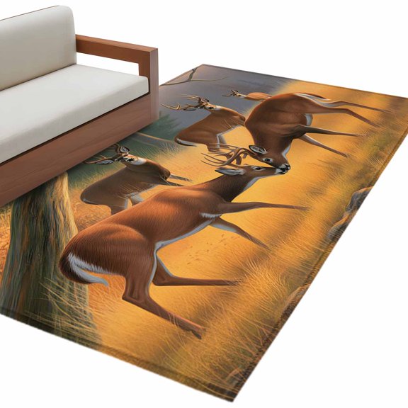 Kitchen Mats for Floor 3x5 Ft, Wild Elk Forest Non Slip Area Rugs for Kitchen Bedroom Entryway, Autumn Grass Trees Animals Oil Painting Washable Carpet Runner Rug Floor Mats for Bedroom Home Decor