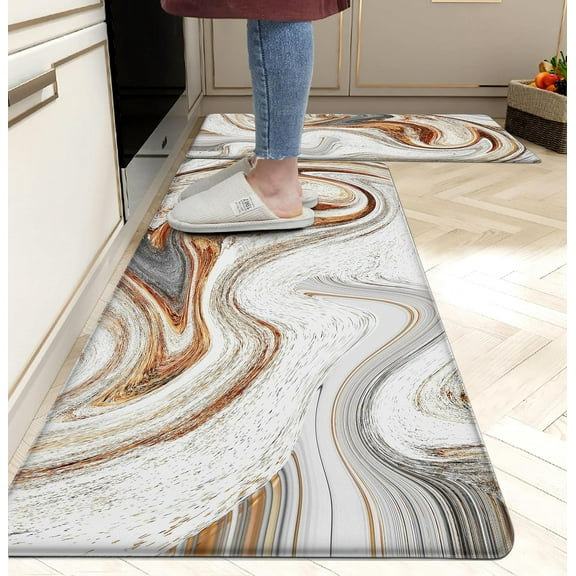 Kitchen Mats for Floor Anti Fatigue Floor Marble Cushioned Memory Foam Non Slip PVC Leather Padded Comfort Standing Rugs Set of 2, Abstract Golden Swirl Design, C1