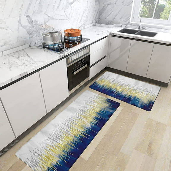 Kitchen Mats for Floor Anti fatigue 0.4 Inches Thick Non Slip Washable Kitchen Rugs [2PCS] Kitchen Cushioned Standing Mat Set for Kitchen Laundry Sink Decor, Gold Blue Wave
