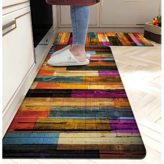 Kitchen Mats for Floor Colorful kitchen rugs Cool Wooden Abstract Anti Kitchen Mats Floor Mats Cushioned Non-Skid Standing Mats for Laundry, Sink, Set of 2,17.3 x 28+17.3 x Inch