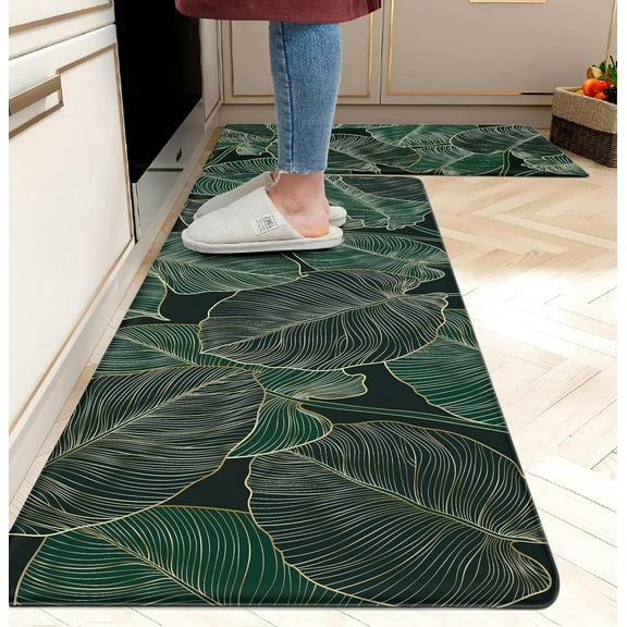 Kitchen Mats for Floor Cushioned Anti Fatigue Mats for Kitchen Floor Green Kitchen Floor Mat Memory Foam Boho Kitchen Rugs Luxury Kitchen Runner Kitchen Rugs Sets of 2, 17.3x28 + 17.3x47, 0.4 inches