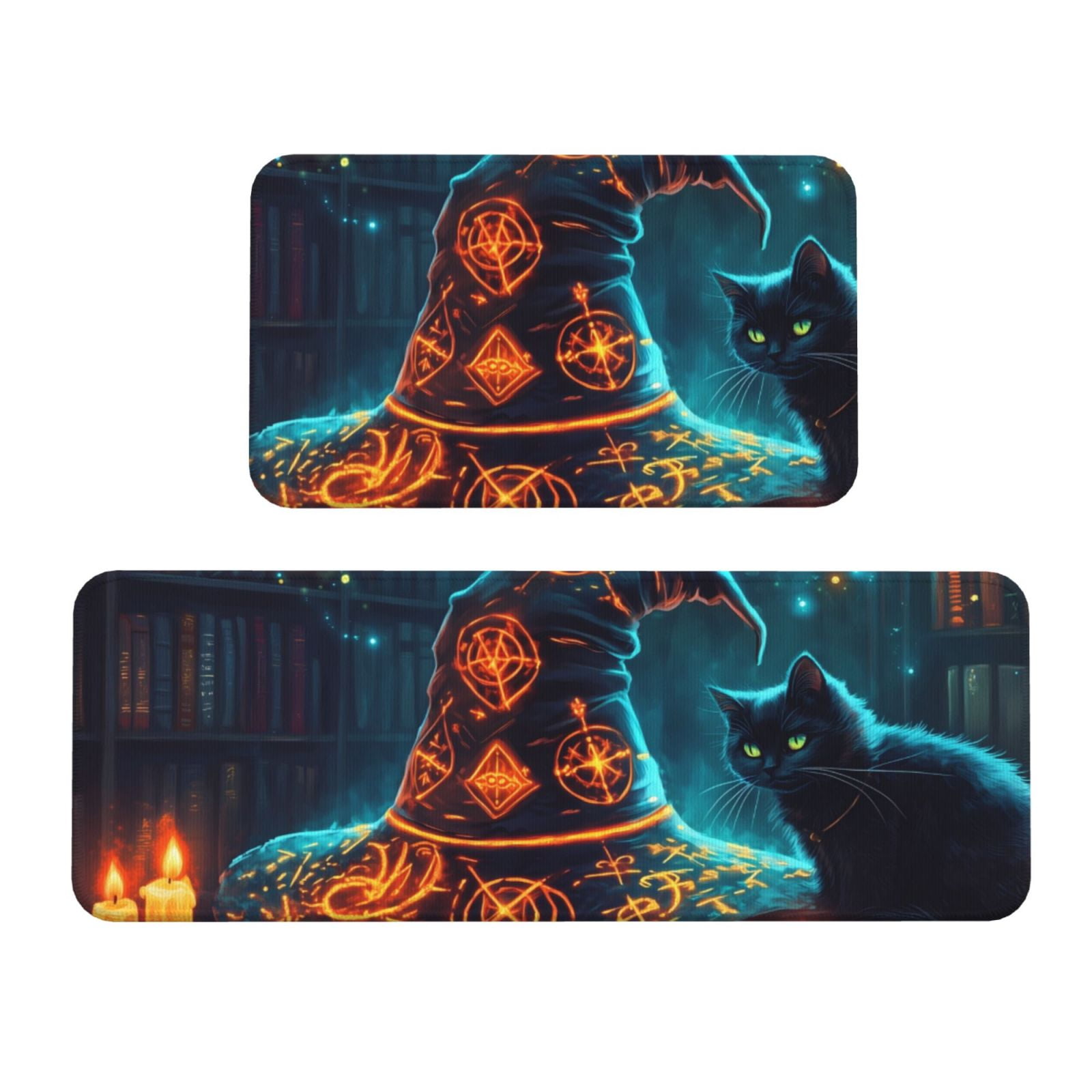 Kitchen Mats for Floor Halloween Vintage Witch Hat Black Cat 2PCS Waterproof Kitchen Rugs, Non ...