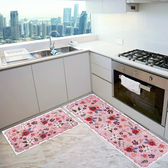 Kitchen Mats for Floor, Kitchen Rugs Set of 2 Carpet Runner Area Rug Floor Mat, Floral Home Kitchen Decor and Accessories Stuff, 17x30 and 17x47 Inch (Pink Floral)