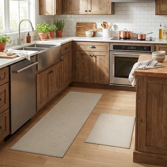 Kitchen Mats for Floor, Kitchen Rugs Sets of 2 Non Slip Washable, Absorbent Kitchen Runner Rugs, 1730 + 1747 Anti Fatigue Kitchen Floor Mat 2 Piece with Rubber Backing, Tan