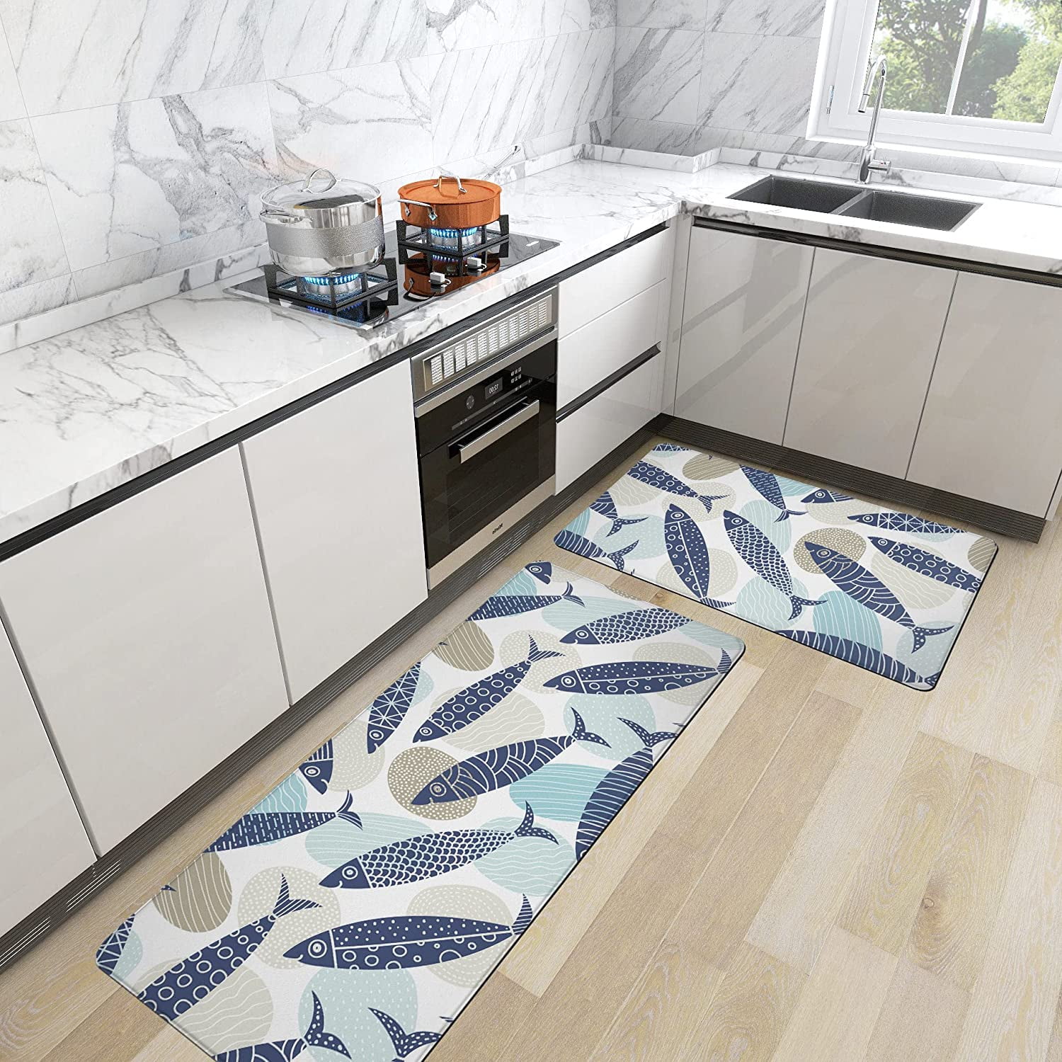 Thideape Anti-Fatigue Kitchen Mats, Coastal Fish Pattern, Waterproof,  Non-Slip, Set of 2, Blue - Walmart.com, image size:1500x1500